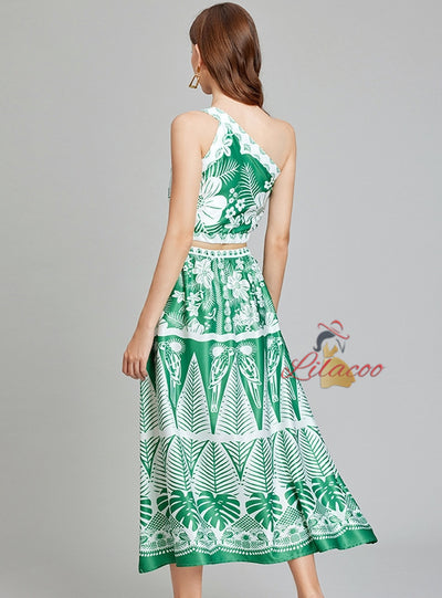 Asymmetric Top+Elastic Waist Skirt Two-piece Suit