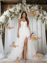 White Tulle Strapless Split Wedding Dress