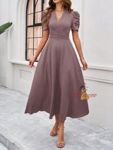 V-neck Solid Color Short Sleeve Dress