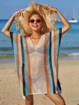 Rainbow Stitching Hollow Knit Tassel Bikini Cover Up
