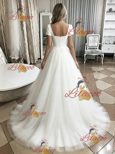 White Tulle Short Sleeve Wedding Dress