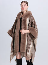 Hooded Tassel Jacquard Knitted Shawl Cloak