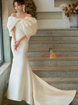 Ivory Mermaid Satin Bow Wedding Dress