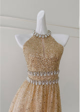 Champagne Sequins Halter Crystal Prom Dress