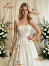Beige Wite Lace Straps Wedding Dress