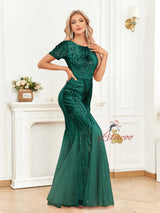 Gren Mermaid Sequins Short Sleeve Prom Dress