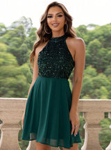 Contrasting Sequins Backless Dress