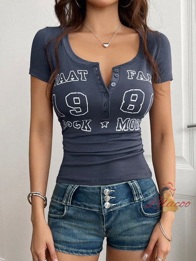 Sexy Letter Button V-neck Short-sleeved Top