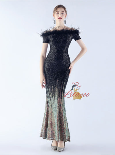 Mermaid Sequins Off the Shoulder Feather Prom Dress
