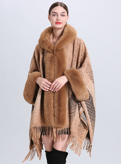Fur-neck Hooded Jacquard Cloak Shawl