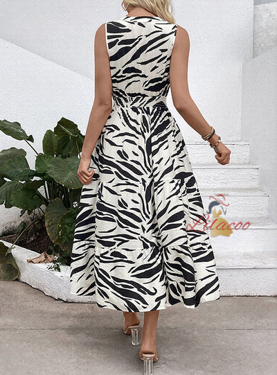 V-neck Elastic Waist Sleeveless Zebra Print Dress