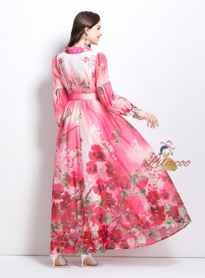 Flower Print Shirt Neck Long Sleeve Dress