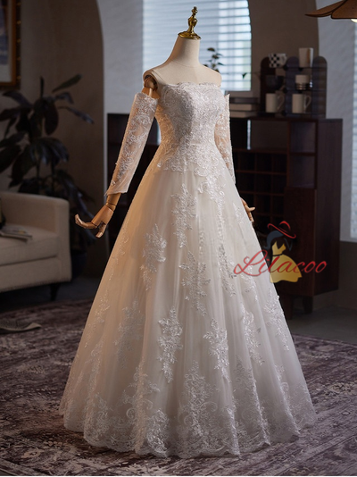 Fashion Ivory White Tulle Lace Long Sleeve Wedding Dress