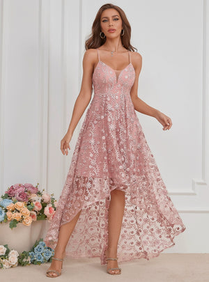 Pink Lace Hi Lo Straps Prom Dress