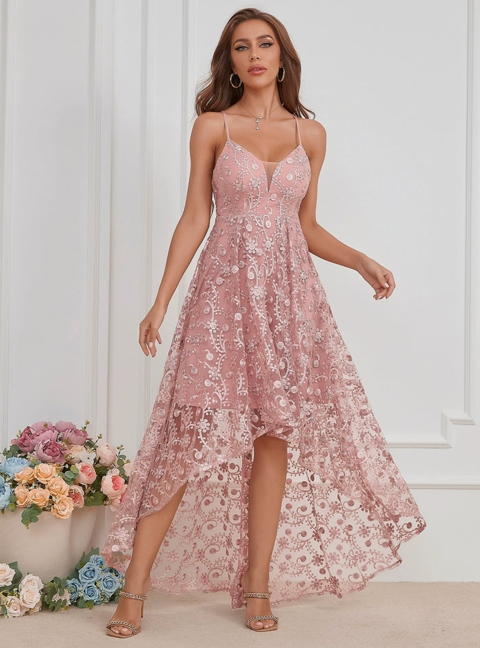 Pink Lace Hi Lo Straps Prom Dress