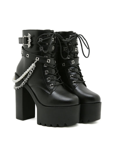 Thick-heeled Pearl Chain Bat Belt Buckle Martin Boots