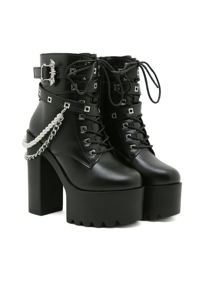 Thick-heeled Pearl Chain Bat Belt Buckle Martin Boots