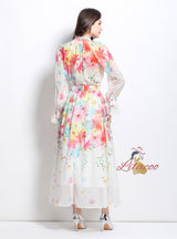 Lantern Sleeve Printed Chiffon Shirt+Skirt Suit