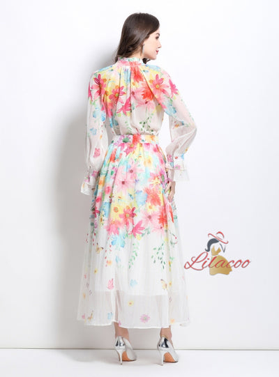 Lantern Sleeve Printed Chiffon Shirt+Skirt Suit
