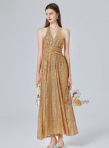 Gold Sequins V-neck Party Dress