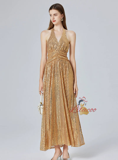 Gold Sequins V-neck Party Dress