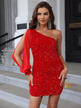 One Shoulder Long Sleeve Sequins Short Dress