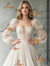 Ivory Tulle Long Sleeve Pleats Wedding Dress