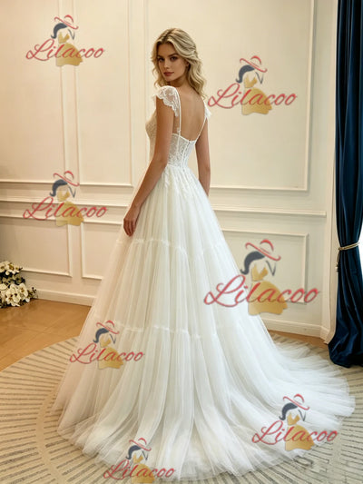 White Tulle Straps Lace Wedding Dress