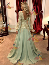 Green Chiffon Sequins Long Sleeve Prom Dress