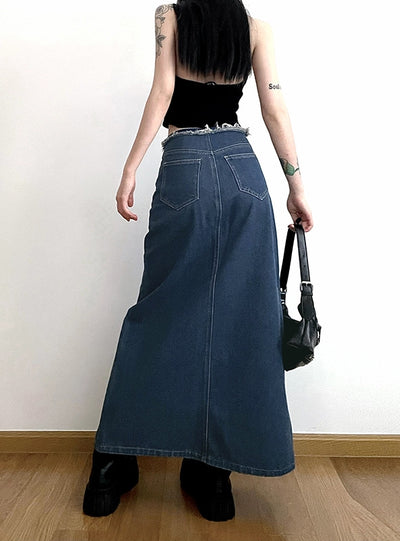 High Waist Split Pocket Denim Skirt