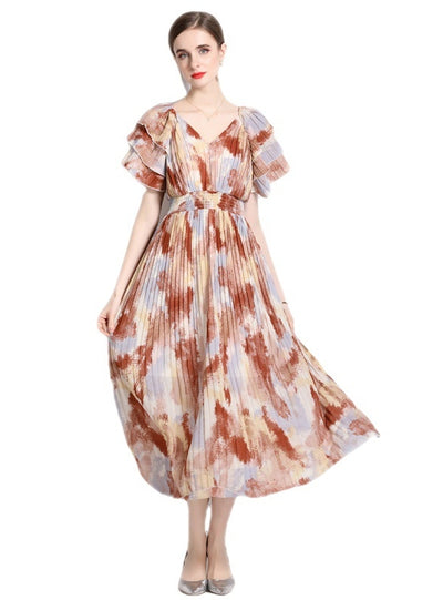 Flying Sleeve V-neck Pleated Holiday Dress