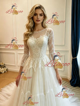 White Tulle Lace Long Sleeve Wedding Dress