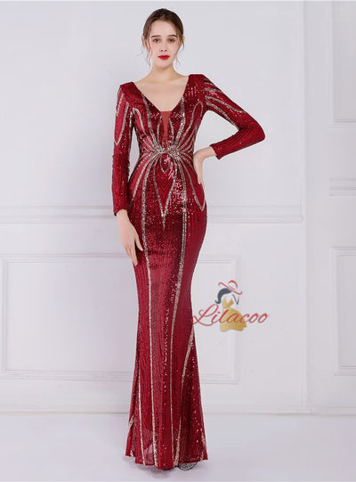 Long Sleeve V-neck Sequins Prom Dress