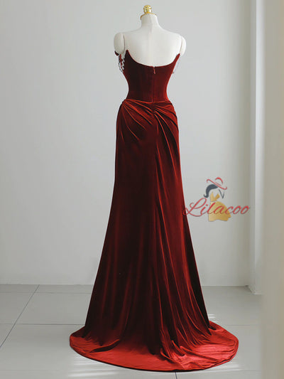 Burgundy Velvet Rose Flower Prom Dress