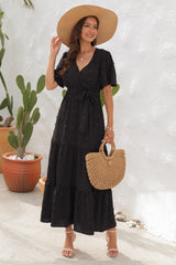 V-neck High Waist Short Sleeve Long Dress