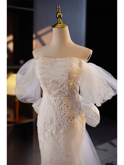 White Mermaid Lace Pearls Wedding Dress