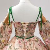 Champagne Long Sleeve Embroidery Prom Dress