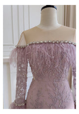 Purple Long Sleeve Lace Beading Short Prom Dress