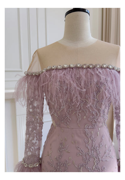 Purple Long Sleeve Lace Beading Short Prom Dress
