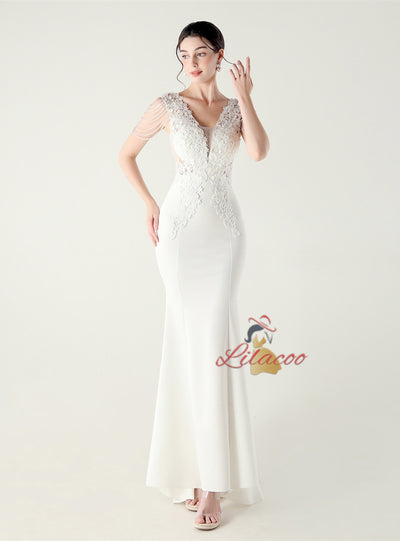 Mermaid V-neck Appliques Beading Prom Dress