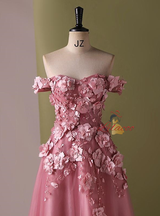 Pink Tulle Off the Shoulder 3D Flower Prom Dress