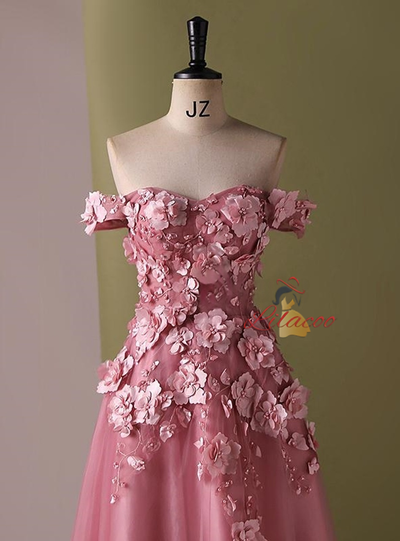 Pink Tulle Off the Shoulder 3D Flower Prom Dress