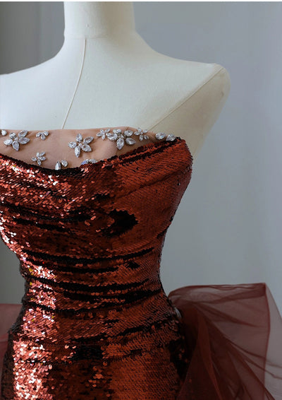 Burgundy Mermaid Sequins Tulle Crystal Prom Dress