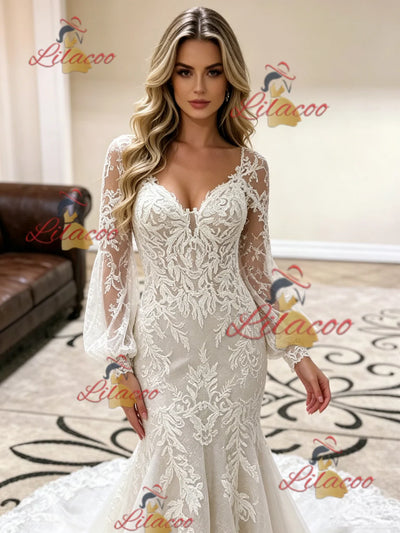 White Mermaid Lace Long Sleeve Wedding Dress