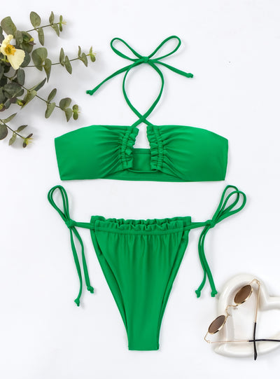 Green Pleated Halter Bikini