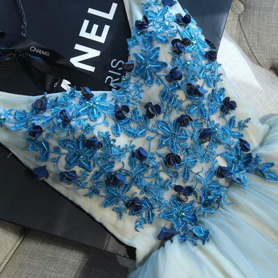 Blue Tulle V-neck Appliques Homecoming Dress