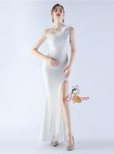One Shoulder Sequins Split Prom Dress