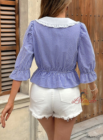 Lace Up Doll Collar Plaid Shirt