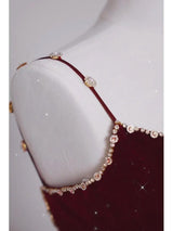 Champagne Tulle Burgundy Velvet Beading Prom Dress