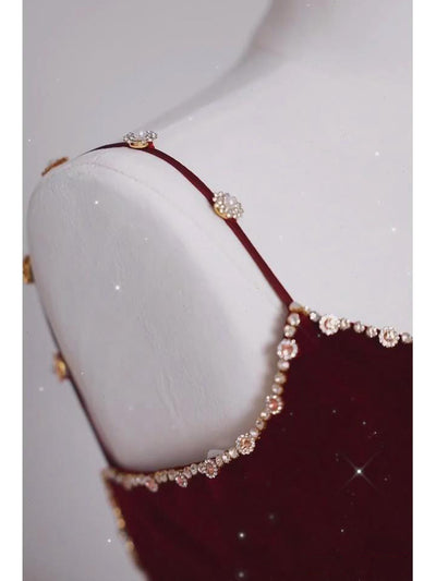 Champagne Tulle Burgundy Velvet Beading Prom Dress